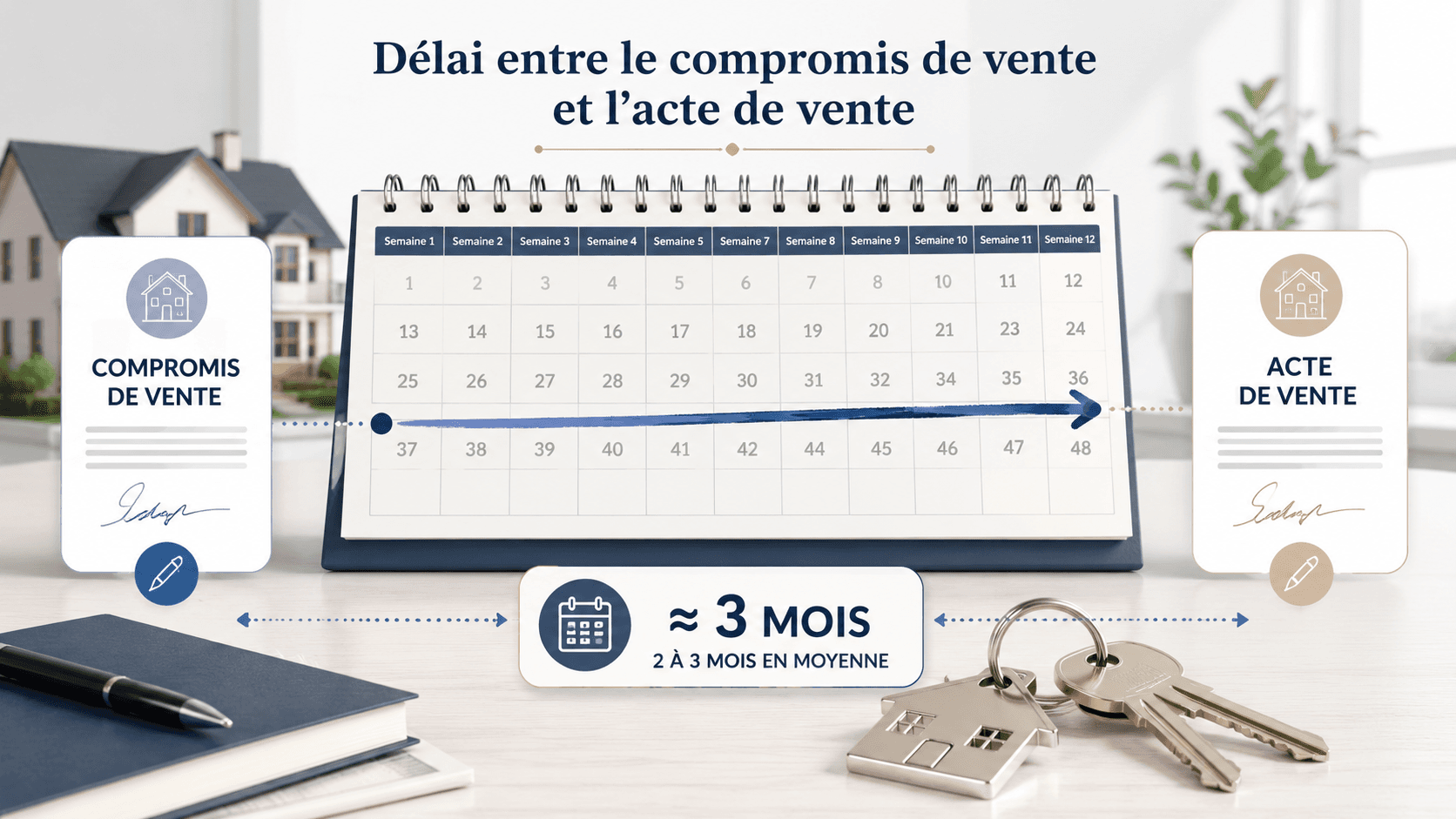 Calendrier et clés de maison illustrant le délai entre la signature du compromis et celle de l'acte de vente