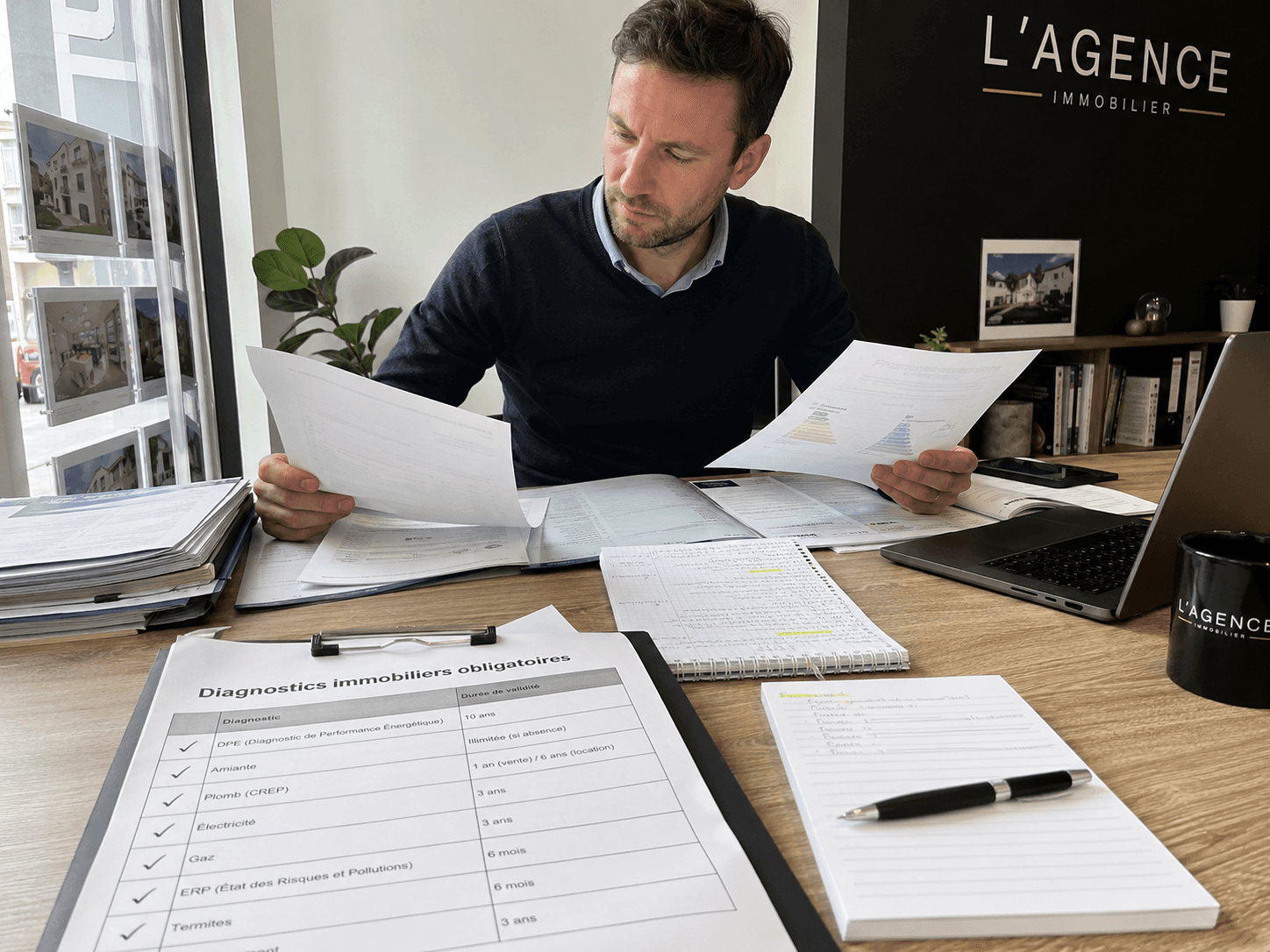 Agent immobilier vérifiant la liste et la durée de validité des diagnostics immobiliers obligatoires d'un dossier de vente