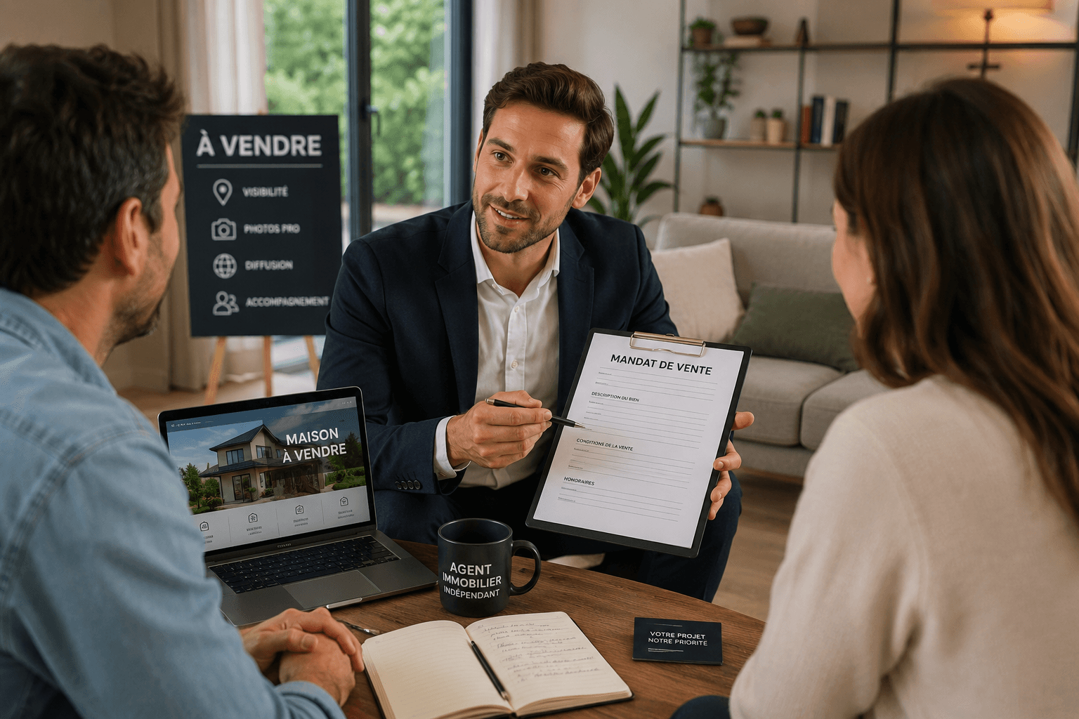 Agent immobilier indépendant en rendez-vous de prospection pour rentrer un nouveau mandat de vente