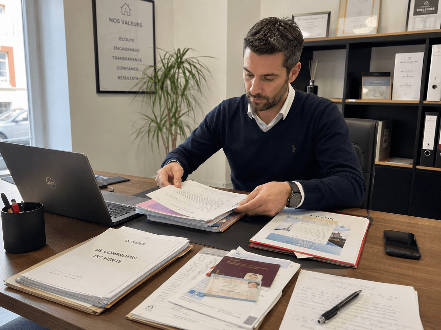 Agent immobilier qui organise les documents d'un dossier de compromis de vente sur son bureau