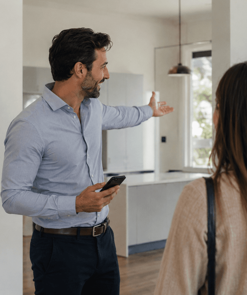 Agent immobilier en conversation chaleureuse avec un client dans un salon — moment humain au cœur du métier